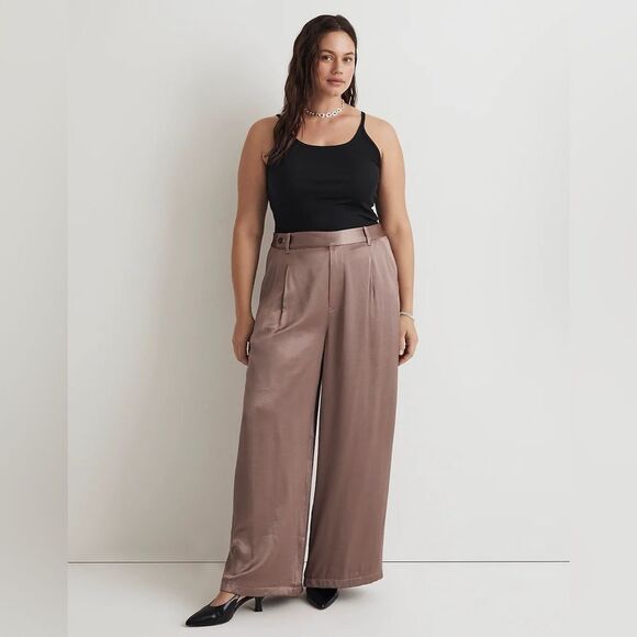 NWT Madewell The Harlow Wide-Leg Pants in Satin in Iced Mocha - Picture 1 of 10